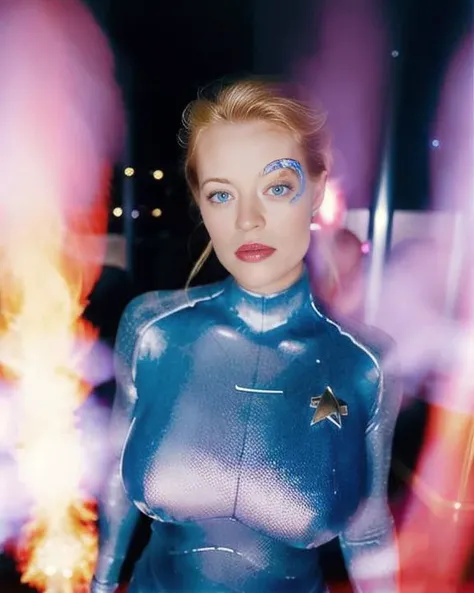 <lora:SevenofNineV2:0.8> sevonofnine, 1girl, blonde hair, blue eyes, science fiction, realistic, cyborg, blue bodysuit at a party, happy, new year's eve, <lora:90sflash_v3:0.8> 90s flash photo, light leak, lomography, analog photo, 90s photo
