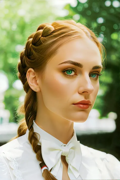 <lora:90sflashphoto-coyotle:0.8>, 90s flash photo, light leak, analog photo, woman, red french braid, emerald eyes, wearing white bow back blouse || <lora:90sflashphoto-coyotle:0.2>, 90s flash photo, light leak, analog photo, skin, hair, clothing, masterpiece, 8k, high resolution, shallow depth of field, sharp focus