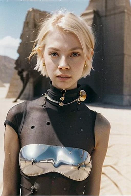 90s flash photo, lomography, film photo, polaroid, film scratches, light leak, close up, upper body portrait, (angry:1.1), (furious:1.1), short hair platinum blonde, beautiful sexy girl posing, pale skin, small breasts, skinny, slim, flat chest, kinky dress, the burning man, desert, ancient megalithic buildings, pyramids, steampunk, ethnic boho, psychedelic, contemporary art, looks at viewer, metallic choker on neck, national geographics documentary, (black hole star:1.3) ,<lora:90sflash_v3:0.6>