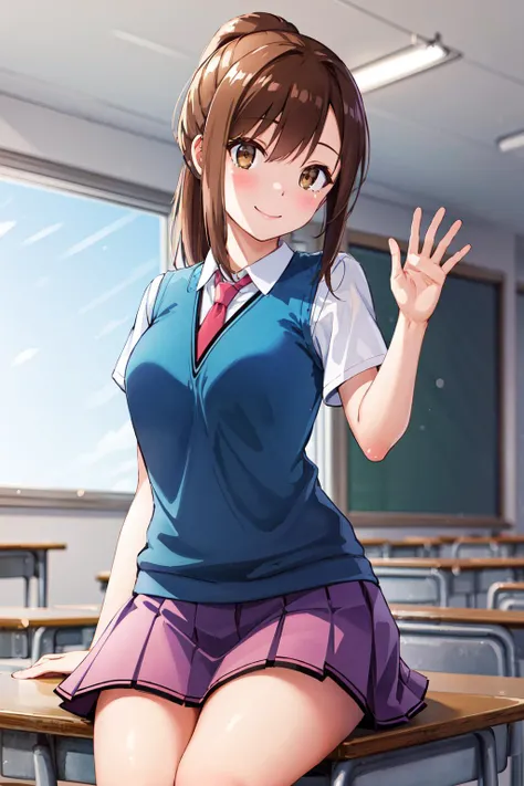 masterpiece, best quality, highres, an1, brown eyes, ponytail, school uniform, blue sweater vest, red necktie, pink skirt, <lora:aoyama_nanami_v1:0.6>, cowboy shot, classroom, sitting, smile, waving