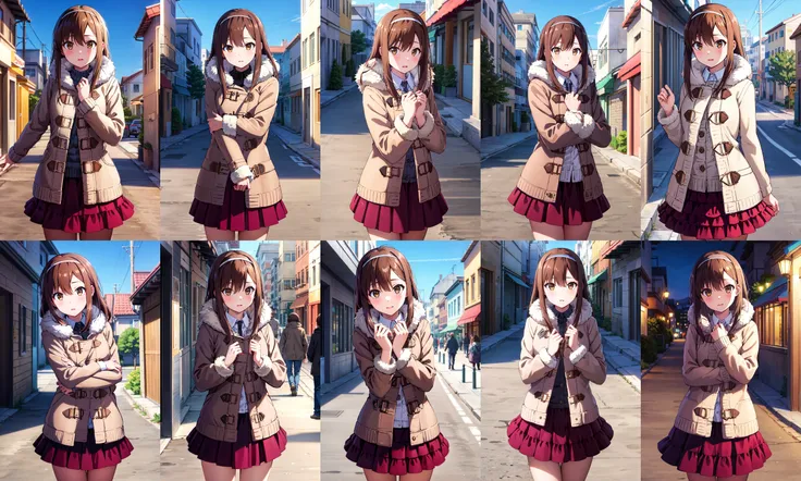 masterpiece, best quality, highres, an1, brown eyes, skirt, hairband, coat, <lora:aoyama_nanami_v1:0.6>, cowboy shot, outdoors, street