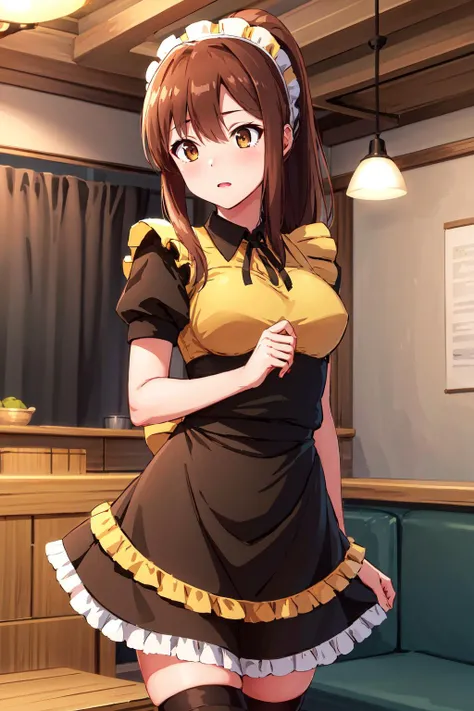 masterpiece, best quality, highres, an1, brown eyes, ponytail, maid headdress, maid, black thighhighs, skirt, short sleeves, apron, ribbon, frills, <lora:aoyama_nanami_v1:0.6>, cowboy shot, indoors,