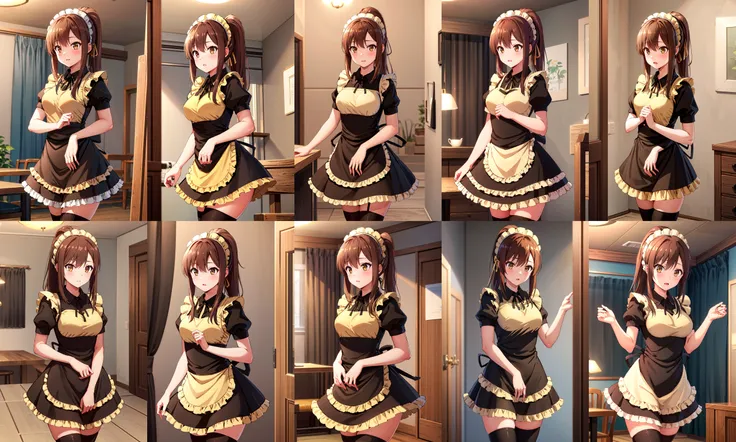 masterpiece, best quality, highres, an1, brown eyes, ponytail, maid headdress, maid, black thighhighs, skirt, short sleeves, apron, ribbon, frills, <lora:aoyama_nanami_v1:0.6>, cowboy shot, indoors,