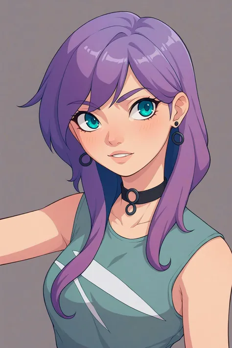 score_9, score_8_up, score_7_up,score_6_up,<lora:contact_pony:0.6>
,multicolored hair,puroteinaa,sleeveless,:3,aqua eyes,choker,purple hair,black nails,earrings,shirt,colored inner hair,1girl