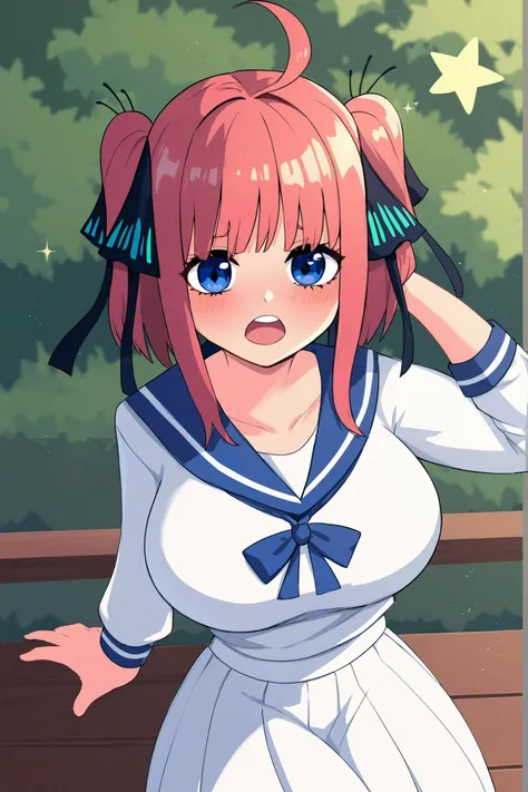 score_9, score_8_up, score_7_up,1girl,inzaniak,<lora:avocado_xl:0.5>,serafuku,white serafuku,white skirt,sparkle,white shirt,1girl,highres,takeo \(user mcep8244\),blush,looking at viewer,nakano nino,bow,open mouth,go-toubun no hanayome