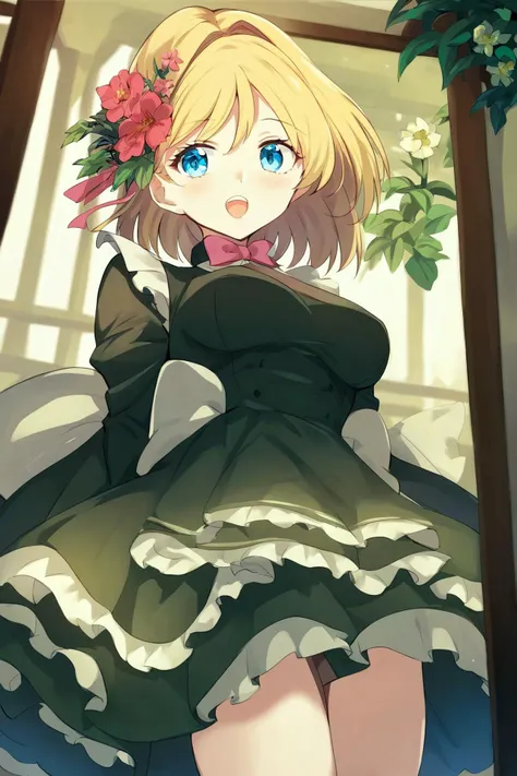 score_9, score_8_up, score_7_up,score_6_up <lora:orange_xl:0.6>
,picture_frame,blonde_hair,flower,anri_mike,hair_flower,red_flower,dress,bowtie,looking_at_viewer,pink_bowtie,highres,open_mouth,pink_bow,hair_ornament,solo,blue_eyes,bow,beatrice_\(umineko\),1girl,yellow_flower,umineko_no_naku_koro_ni,black_dress