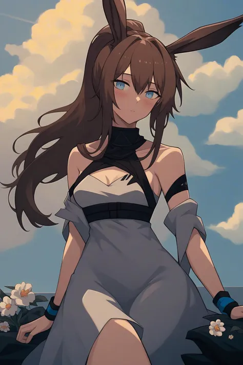 score_9, score_8_up, score_7_up,cloud,blue_eyes,absurdres,looking_at_viewer,solo,cloudy_sky,flower,brown_hair,small_breasts,breasts,ponytail,num_s1x,white_dress,arknights,rabbit_ears,blue_sky,highres,sky,1girl,blush,amiya_\(arknights\),dress