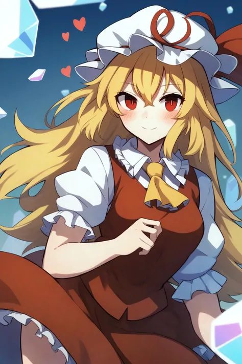 score_9, score_8_up, score_7_up,touhou,blush,short_sleeves,collared_shirt,frilled_sleeves,ascot,crystal,totoraisu,mob_cap,yellow_ascot,red_vest,hat,one_side_up,blonde_hair,long_hair,1girl,frilled_shirt_collar,red_eyes,smile,shirt,closed_mouth,heart,looking_at_viewer,white_headwear,vest,hair_between_eyes,red_skirt