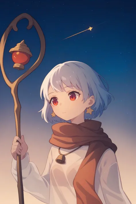 score_9, score_8_up, score_7_up,score_6_up,
1girl, solo, upper body, short_hair, red_eyes, long_sleeves, holding, jewelry, white_hair, earrings, outdoors, sky, necklace, scarf, see-through, bell, night, staff, star_(sky), night_sky, starry_sky, holding_staff