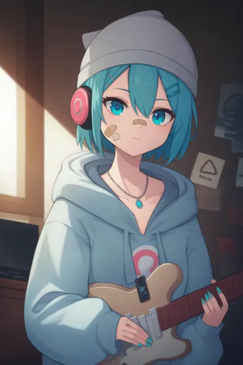 score_9, score_8_up, score_7_up,score_6_up,
(guitar:1.2),detailed_background,indoors,aqua_hair,holding_phone,hairclip,hair_between_eyes,,beanie,straight-on,looking_at_viewer,eyes_visible_through_hair,electric_guitar,closed_mouth,effects_pedal,headphones,upper_body,hat,hoodie,instrument,solo,aqua_eyes,sticker,hood_down,phone,parental_advisory,nail_polish,smartphone,cellphone,jewelry,1girl,white_headwear,bandaid_on_nose,patch,bandaid_on_face,short_hair,original,bandaid,highres,sidelocks,holding,grey_hoodie,circuit_board,long_sleeves,aqua_nails,necklace,standing,print_hoodie,ring,hair_ornament,yorugata_mao,hood,bandaid_on_cheek