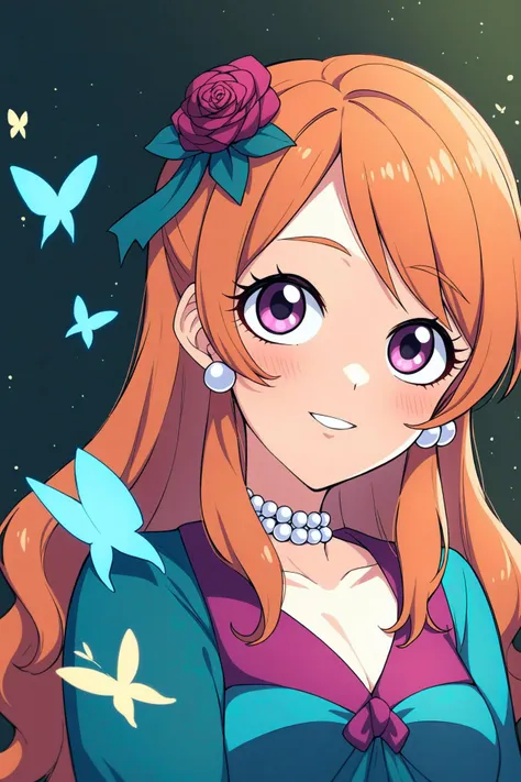 score_9, score_8_up, score_7_up, 1 girl
,aikatsu! \(series\),hair ornament,blush,highres,dress,smile,pink eyes,long hair,looking at viewer,orange hair,solo,insect,hair flower,upper body,ozora akari,flower,gloves,pearl choker,blue dress,rose,bug,bow,butterfly,sumire shisei,1girl,parted lips,aikatsu!