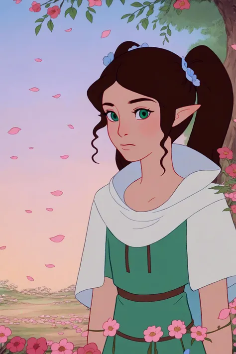 <lora:technicolor_xl:0.9>, score_9, score_8_up, score_7_up,score_6_up, score_5_up, score_4_up,(inzaniak:1.1),green eyes,outdoors,dress,falling petals,long hair,looking at viewer,pink flower,elf,white capelet,1girl,upper body,sousou no frieren,blue flower,twintails,closed mouth,solo,jewelry,frieren,day,red flower,pennylessmac,petals