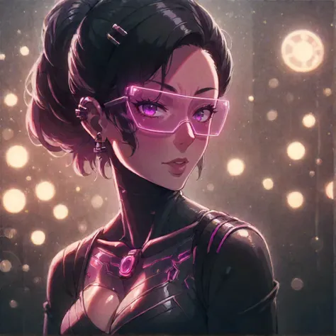 (score_9, score_8_up, score_7_up,) source_anime, photo of a Indonesian female, purple eyes, wearing robot costume, cleavage, in (Tech Noir style:1.3), Bokeh Effect, Total Clarity, <lora:Neon_Noir_Pony:1> mad-neon-noir,