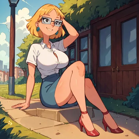 miriam, 1girl, glasses, earrings, jewelry, solo, short hair, blonde hair, smile, white shirt, short skirt, <lora:MiriampatakiPony1.1:0.8>, score_9, score_8_up, score_7_up, score_6_up, <lora:Smooth Anime Style LoRA XL:1> outdoors, full body, high heels, ((big breasts)),