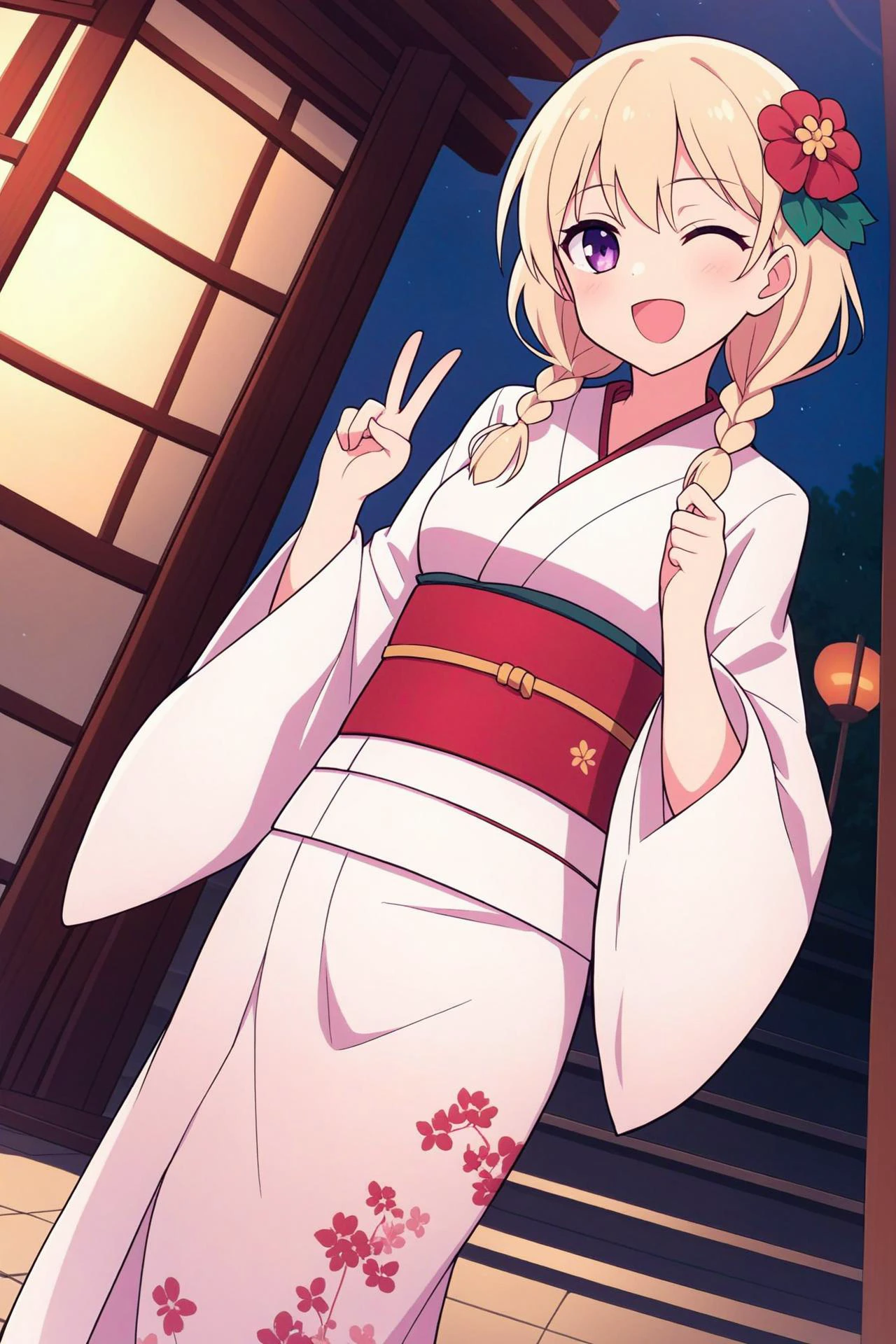 score_9, score_8_up, score_7_up, 1 girl
,hasegawa mii,omikuji,box,flower,hands up,white kimono,potted plant,stairs,japanese clothes,east asian architecture,looking at viewer,red flower,donation box,non-web source,night,new year,print kimono,hair flower,floral print,obi,re:stage!,furisode,purple eyes,film grain,solo,lens flare,game cg,official art,sparkling eyes,short hair,hair ornament,kimono,stone walkway,open mouth,izumi tsubasu,one eye closed,plant,floral print kimono,v,;d,dot nose,dutch angle,blonde hair,low twin braids,braid,architecture,sparkle,1girl,sash,twin braids,smile,w,outdoors,rope
