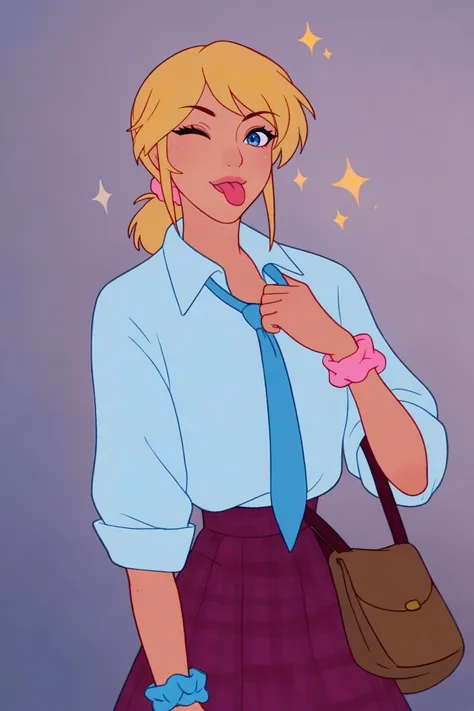 <lora:technicolor_xl:0.9>, score_9, score_8_up, score_7_up,score_6_up, score_5_up, score_4_up,(inzaniak),shirt,blonde hair,necktie,looking at viewer,bag,solo,sleeves rolled up,highres,blue eyes,collared shirt,tongue,wrist scrunchie,;p,skirt,1girl,one eye closed,sparkle,scrunchie,take shinobu,gyaru,blue necktie,tongue out