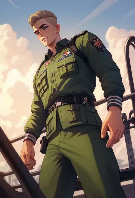 Lieutenant General、full body Esbian、His arms folded、Standing、Stand on the ground with your arms crossed、In front of the hangar、looking at sky、facing front、