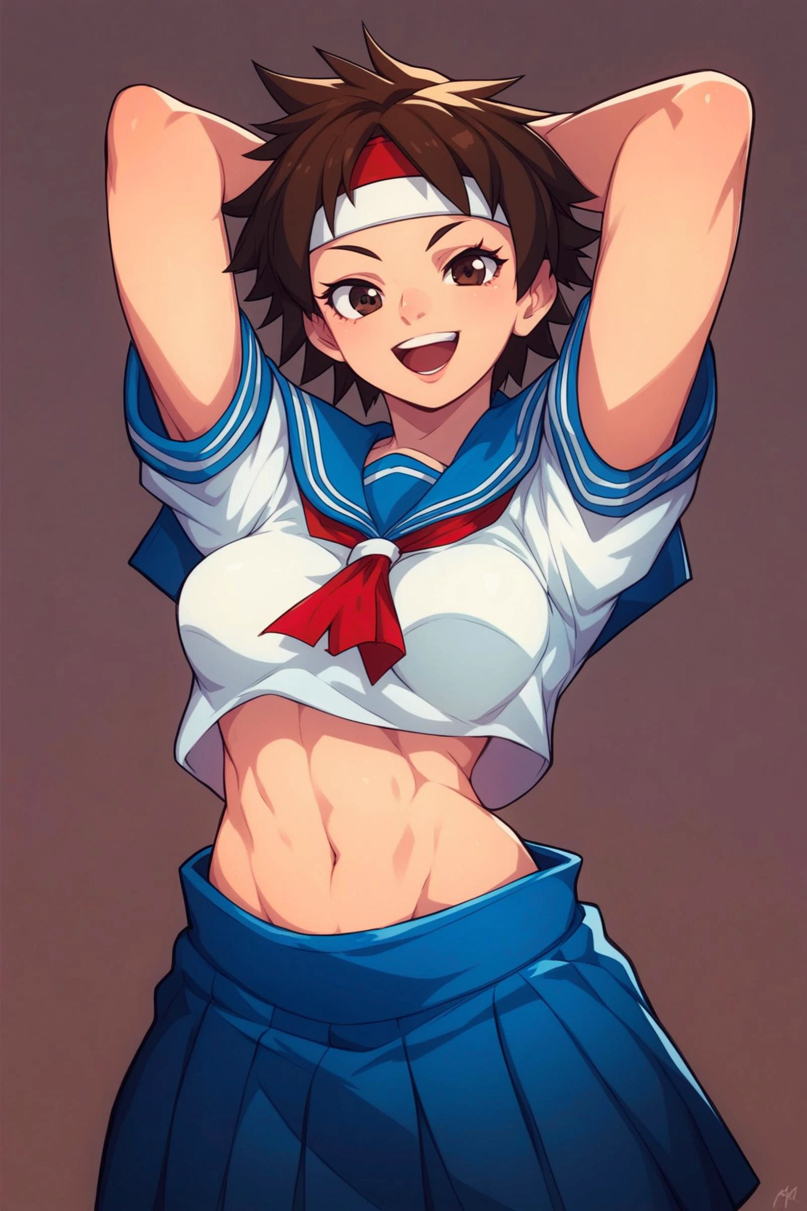 score_9, score_8_up, score_7_up,score_6_up,smile,breasts,midriff,brown eyes,headband,short hair,brown hair,arms behind head,absurdres,1girl,capcom,medium breasts,solo,open mouth,street fighter,highres,school uniform,kasugano sakura