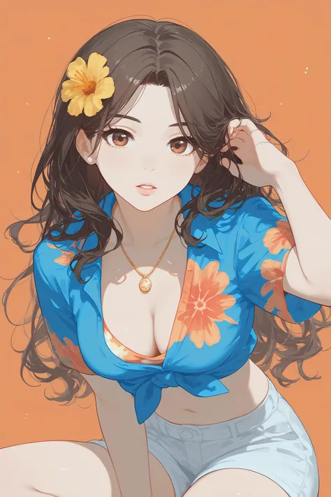 score_9, score_8_up, score_7_up,score_6_up,hair ornament,breasts,shorts,looking ahead,necklace,hawaiian shirt,jewelry,hair flower,orange background,midriff,pink lips,blue shirt,parted lips,tied shirt,yellow flower,sitting,collarbone,brown eyes,white shorts,flower,1girl,cleavage,shirt,highres,absurdres,kebkebab