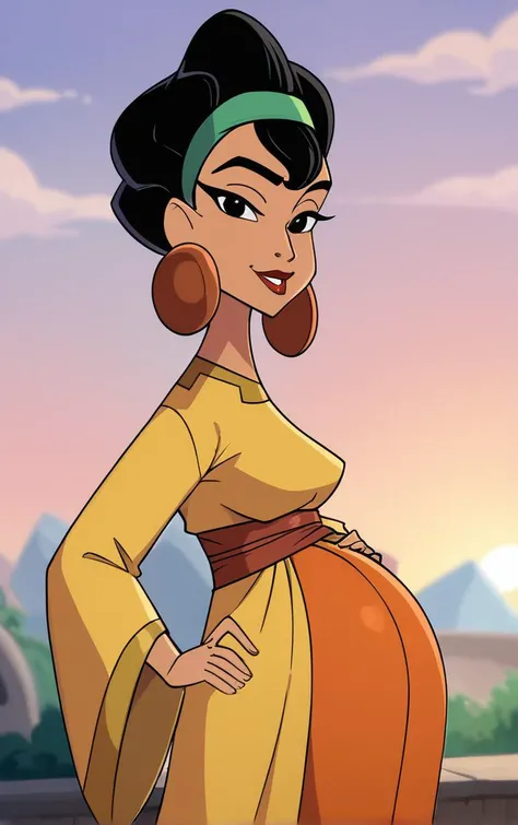 score_9, score_8_up, score_7_up, score_6_up, looking at viewer, BREAK
PregnantOutfit_EmprorerGroove_Chicha_ownwaifu, pregnant,
1girl, black hair, dark-skinned female, jewelry, black eyes, makeup, lipstick, short hair, headband, hairband, red lips, hair bun, breasts, hoop earrings, single hair bun,
yellow dress, long sleeves, wide sleeves, japanese clothes, belt, orange dress, sash,
(contrapposto, hand on hip), sunset, sidelighting, cityscape, outdoors, <lora:PONYXL_EmprorerGroove_Chicha_ownwaifu:1> , depth of field, solo,