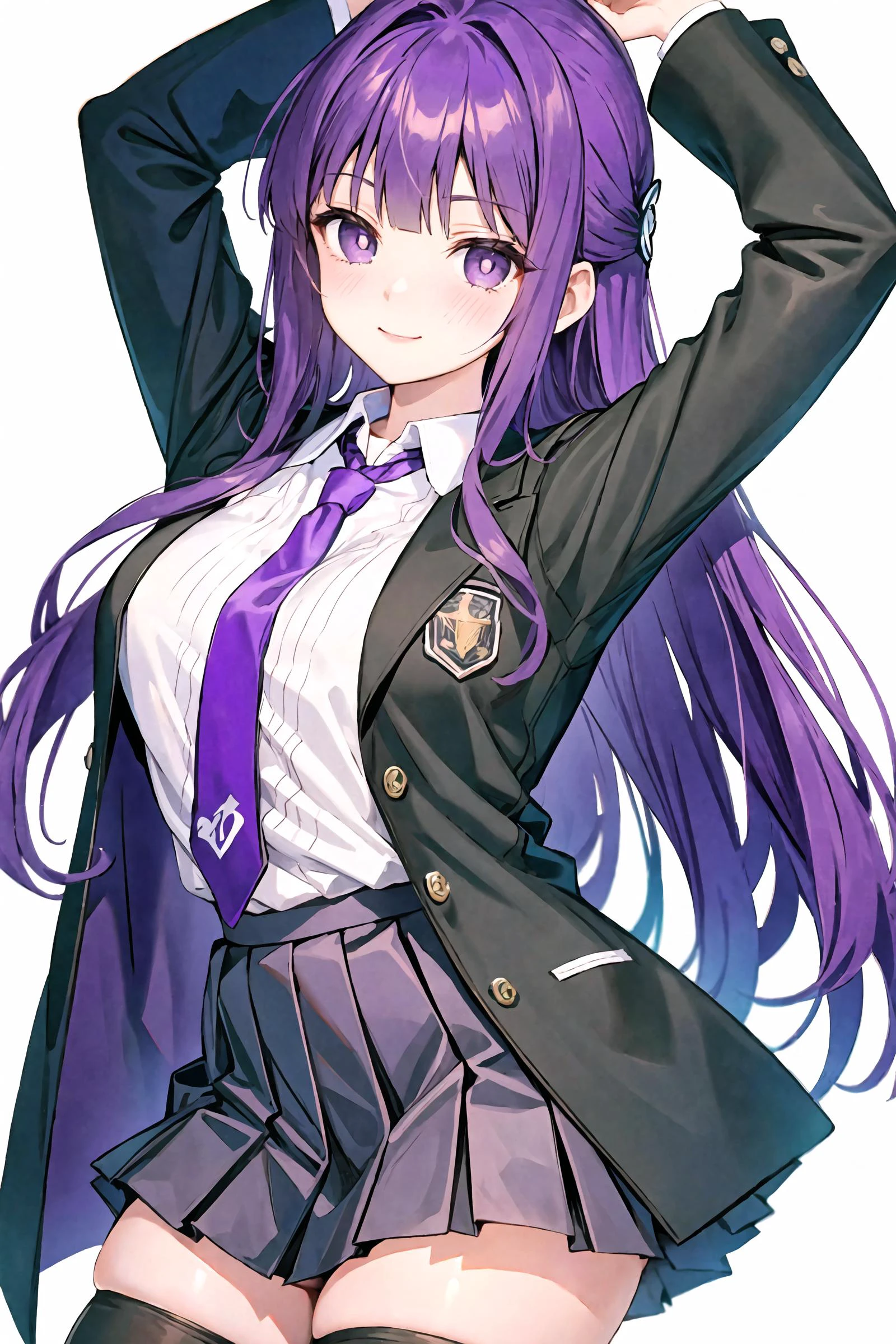 1girl, fern (sousou no frieren), solo, necktie, skirt, jacket, shirt, blue necktie, white shirt, pleated skirt, open clothes, open jacket, long hair, smile, looking at viewer, black jacket, purple eyes, thighhighs, long sleeves, bangs, collared shirt, simple background, white background, blush, black thighhighs, cowboy shot, closed mouth, school uniform, purple hair, black skirt, arm up, zettai ryouiki, miniskirt, shirt tucked in <lora:Char-Fern-V1:1>