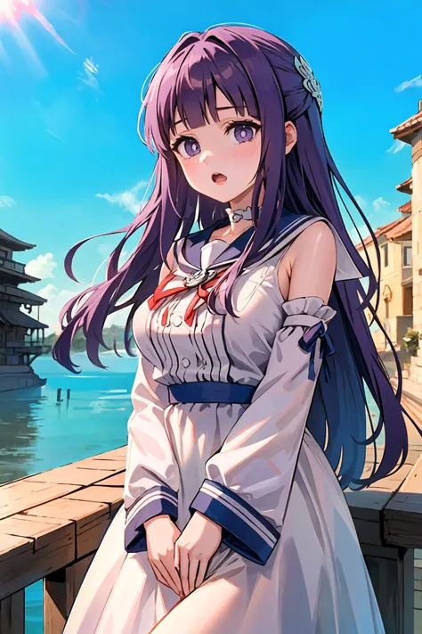 1girl, fern (sousou no frieren), solo,detached sleeves, long hair, two side up, looking at viewer, bangs, blush, open mouth, idol clothes, hair ornament,  long sleeves, dress, sailor collar, Blue sky, architecture,mature female masterpiece, best quality, masterpiece <lora:Char-Fern-V1:1>