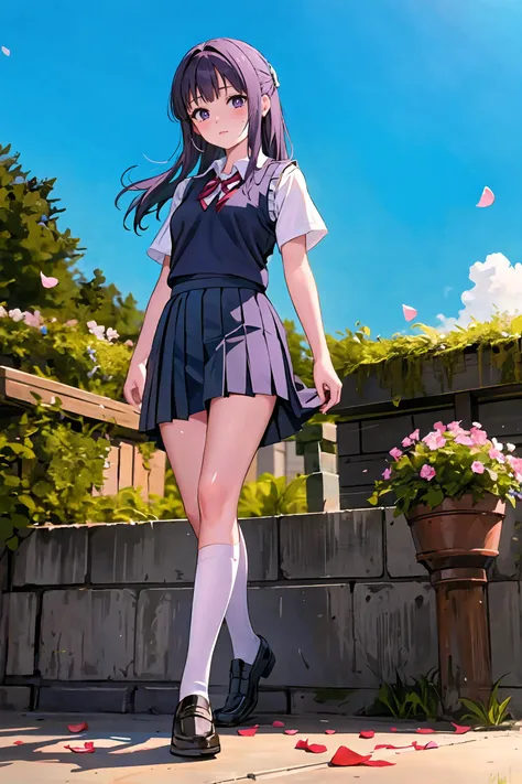 1girl, fern (sousou no frieren), solo, full body,skirt,  shirt, blush, short sleeves, pleated skirt, school uniform, looking at viewer, white shirt, closed mouth, two side up, collared shirt, tokiwadai school uniform, holding,  sweater vest,  grey skirt, blue sky,  petals, architecture,walk ,mature female masterpiece, best quality, masterpiece <lora:Char-Fern-V1:1>