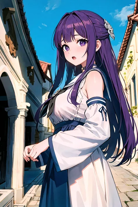 1girl, fern (sousou no frieren), solo,detached sleeves, long hair, two side up, looking at viewer, bangs, blush, open mouth, idol clothes, hair ornament, long sleeves, dress, sailor collar, Blue sky, architecture,mature female masterpiece, best quality, masterpiece <lora:Char-Fern-V1:1>
