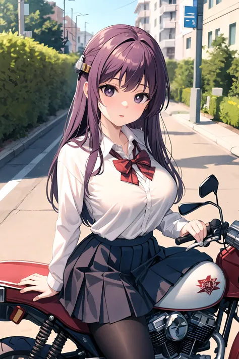 1girl, fern (sousou no frieren), solo,school uniform, white collared shirt, sweater, pleated skirt, pantyhose,motorcycle,helmet, looking at viewer,street,the upper part of the body,depth of field,large breasts, mature female masterpiece, best quality, masterpiece <lora:Char-Fern:0.8>