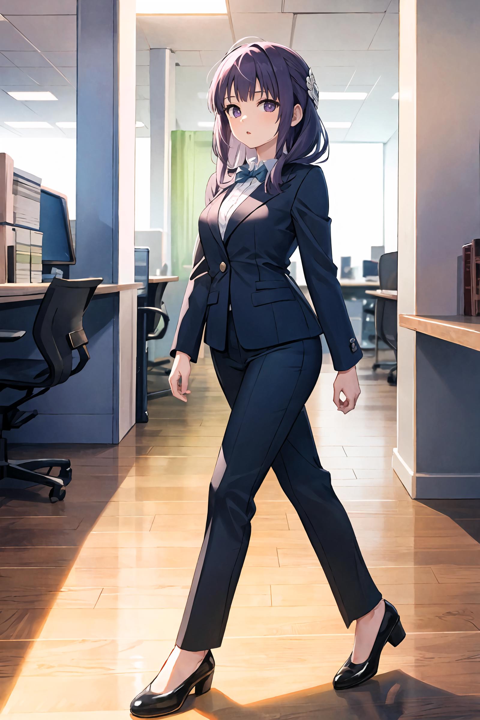 Anime character in business attire walking in an office - SeaArt AI
