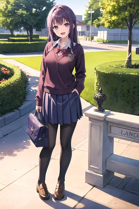 1girl,fern (sousou no frieren),solo,school uniform,white collared shirt,sweater,pleated skirt,pantyhose,light smile,double v,looking at viewer,smile,open mouth,outdoors,school,depth of field,<lora:Milf:0.8>,milf,mature female masterpiece,best quality,masterpiece,standing,full body,