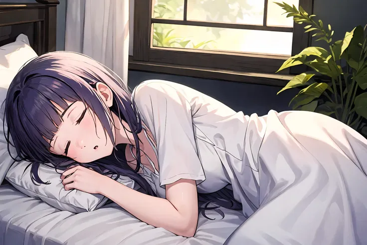 yuukikonno, Yuki Konno,  long hair, pointed ears, purple hair,(small breasts:1.2), open your mouth,girl sleeping with both eyes closed，smile，Bedroom， windows，romantic starry sky，A meteor crosses,T-shirt,red underwear,sleeping in bed,night,sleep with your head on the pillow,Sleeping lying on your back in bed,dark room,night, break indoors, Bedroom, break (masterpiece:1.2), highest quality, High resolution, unity 8k wallpaper, (shape:0.8), highly detailed face, perfect lighting, Very detailed CG, (perfect hands, perfect anatomy),
