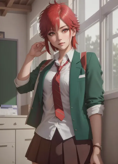 ((1girl, tomo chan, red eyes, red hair, short hair, big breats, fang, school uniform, green jacket, open jacket, red necktie, white shirt, skirt, school indoor shoes, sexy pose, )), CGI, Realism, FXAA, Shaders, Ambient Occlusion, Sunlight, Natural Lighting, ((high quality:1.2, masterpiece:1.2)), high details, detailed and intricate, intricate details, high intricate details, absurd amount of details, super resolution, ultra hd, megapixel, Cowboy Shot, Single Shot, Deep Focus, Eye Level Shot, Full Front Staging, Looking At Viewer, Face, Front, Eye Shadow, Makeup, Eyeliner, <lora:tomo-chanV1:0.7>