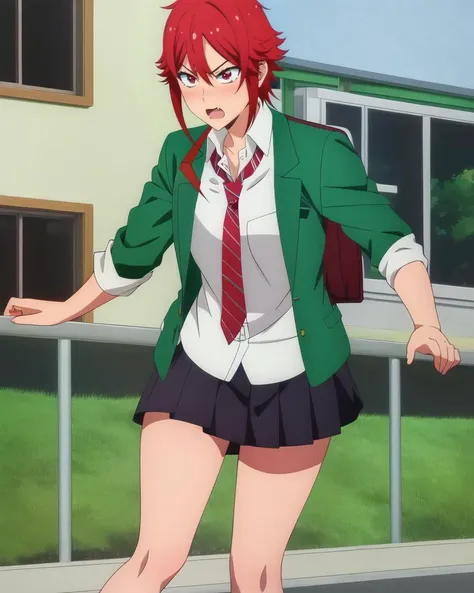 masterpiece, best quality, high quality, (colored lineart), (realistic:0.3), anime, detailed face, detailed eyes, 1girl, (tomo chan:1.2), red eyes, red hair, short hair, (fang:1.3), school uniform, green jacket, red necktie, white shirt, skirt, school indoor shoes,  <lora:tomochanV1:0.7>, bike shorts, yelling, angry, blush