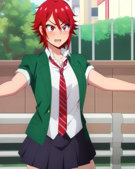 masterpiece, best quality, high quality, (colored lineart), (realistic:0.3), anime, detailed face, detailed eyes, 1girl, (tomo chan:1.2), red eyes, red hair, short hair, (fang:1.3), school uniform, green jacket, red necktie, white shirt, skirt, school indoor shoes, <lora:tomochanV1:0.7>, bike shorts, yelling, angry, blush, (v arms:1.3), standing
