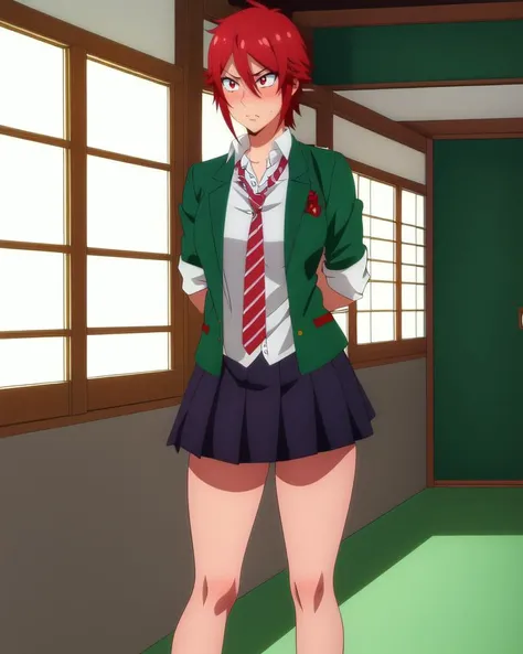 masterpiece, best quality, high quality, (colored lineart), (realistic:0.3), anime, detailed face, detailed eyes, 1girl, (tomo chan:1.2), red eyes, red hair, short hair, (fang:1.3), school uniform, green jacket, red necktie, white shirt, skirt, school indoor shoes,  <lora:tomochanV1:0.7>, bike shorts, angry, blush, (v arms:1.3), standing