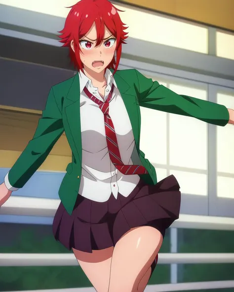 masterpiece, best quality, high quality, (colored lineart), (realistic:0.3), anime, detailed face, detailed eyes, 1girl, (tomo chan:1.2), red eyes, red hair, short hair, (fang:1.3), school uniform, green jacket, red necktie, white shirt, skirt, school indoor shoes,  <lora:tomochanV1:0.7>, bike shorts, yelling, angry, blush, v arms, standing