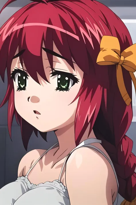 mayuri, 1girl, medium breasts, green eyes, red hair, long hair, braid, single braid, ahoge, hair ribbon, yellow bow, yellow ribbon, school uniform, long sleeves, white shirt, red necktie
<lora:mayuri_v1:1>, mayuri,