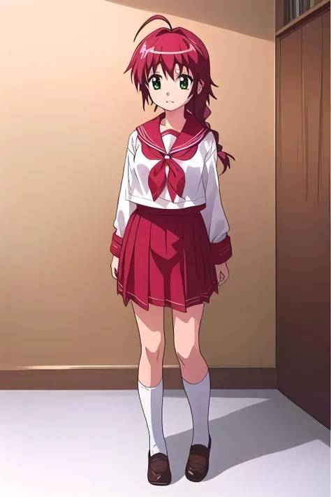 mayuri, 1girl, medium breasts, green eyes, red hair, long hair, braid, single braid, ahoge, hair ribbon, yellow bow, yellow ribbon, (red serafuku, red school uniform, pleated skirt:1.1), long sleeves, white shirt, red necktie
<lora:mayuri_v1:1>, mayuri, full body,