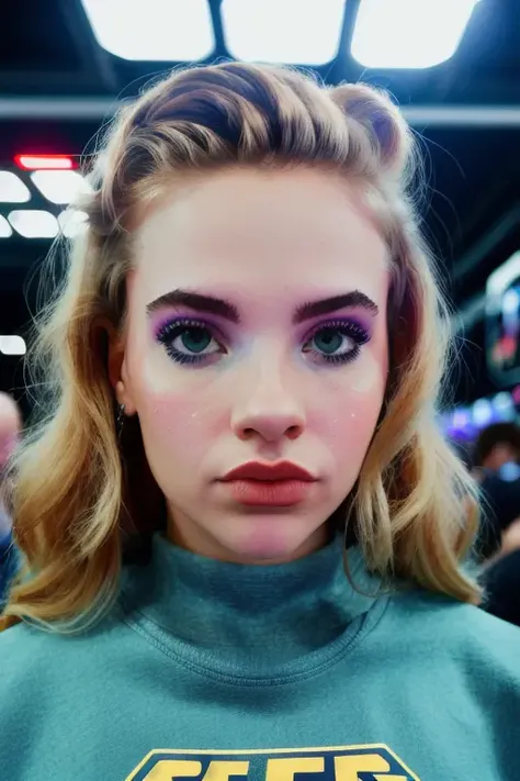 a stunning woman at the crowded comicon, (people in the background), in a cute starwars sweatshirt, (extreme close up, perfect face), happy, raw, 8k uhd, <lora:juultjeTieleman:1>