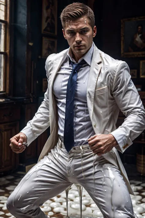 Create a realistic image of a powerful and intimidating male being. His body shines like a radiant emerald, his face is incandescent, and his eyes are aflame. He is dressed in white linen garments with a gold belt around his waist, and his arms and feet are made of bronze. Create the image exactly as described. 8k, realistic.