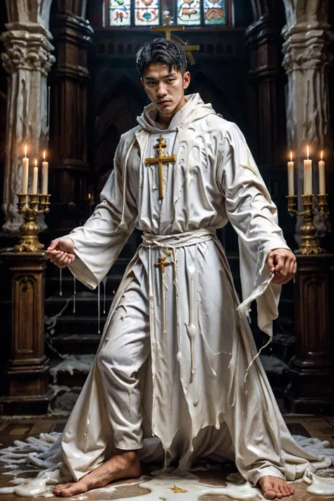 realistic, masterpiece, intricate details, detailed background, depth of field, photo of a handsome (korean man), w4x4rmor, wearing wax priest robe, (dynamic pose), fighting stance, fantasy background, cinematic composition, covered in white liquid, pectorals, thighs, portrait, candle, tabard, cross, church,