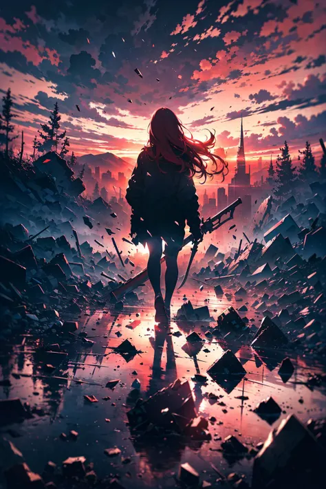 (destruction:1.2), (1girl from behind, red long hair, holding giant weapon), HDR, depth of field, floating a lot of shards of broken glass, (cinematic light, high contrast), wilderness, red sky, swirling clouds, (beautiful fantastic landscape),