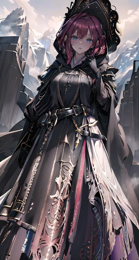 raw photo,8k hdr,masterpiece,best quality,photorealistic,HDR,high quality,high-definition,extremely detailed,daitime,1girl in (long robe,intricate black wizard robe:1.5),(short red hair:1.3),lucent blue eyes,(belt, glove,hand guard,hood:1.5),purple clothing pattern,<lora:PerfectFullBreasts-fCV3.5:0.3>,breasts,shoulder armor,cuisses,boots,breath taking (mountain landscape in background:1.5),<lora:delicate_armor_V2:0.8>