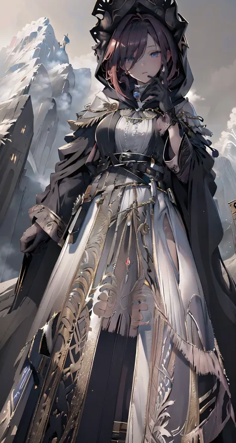 raw photo,8k hdr,masterpiece,best quality,photorealistic,HDR,high quality,high-definition,extremely detailed,daitime,1girl in (long robe,intricate black wizard robe:1.5),(short red hair:1.3),lucent blue eyes,(belt, glove,hand guard,hood:1.5),purple clothing pattern,<lora:PerfectFullBreasts-fCV3.5:0.3>,breasts,shoulder armor,cuisses,boots,breath taking (mountain landscape in background:1.5),<lora:delicate_armor_V2:0.8>