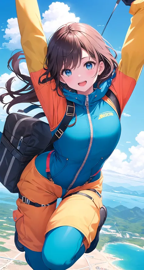 Capture the exhilaration of a daring adventure as a fearless girl in a jumpsuit defies gravity, soaring through the sky in a thrilling free fall.