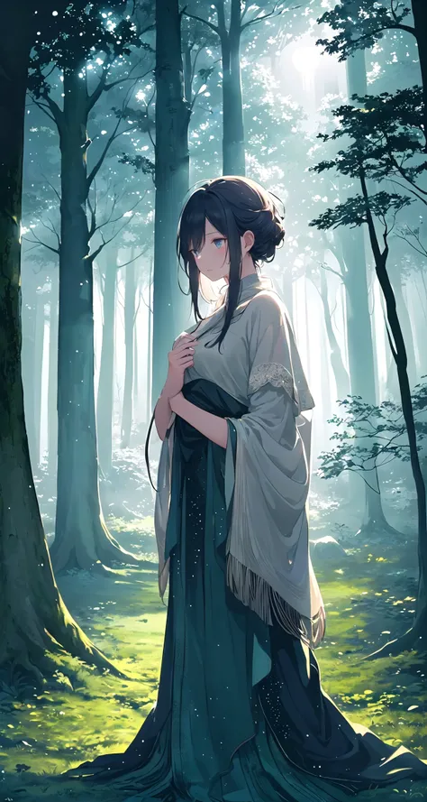 Capture the essence of a breathtaking forest at night, (moonlit:1.2) trees casting long shadows, (mysterious:1.1) mist weaving through the (ancient:1.3) trees, (starlit:1.2) sky illuminating the (serene:1.1) scene, (whispering:1.1) leaves rustling in the gentle breeze.