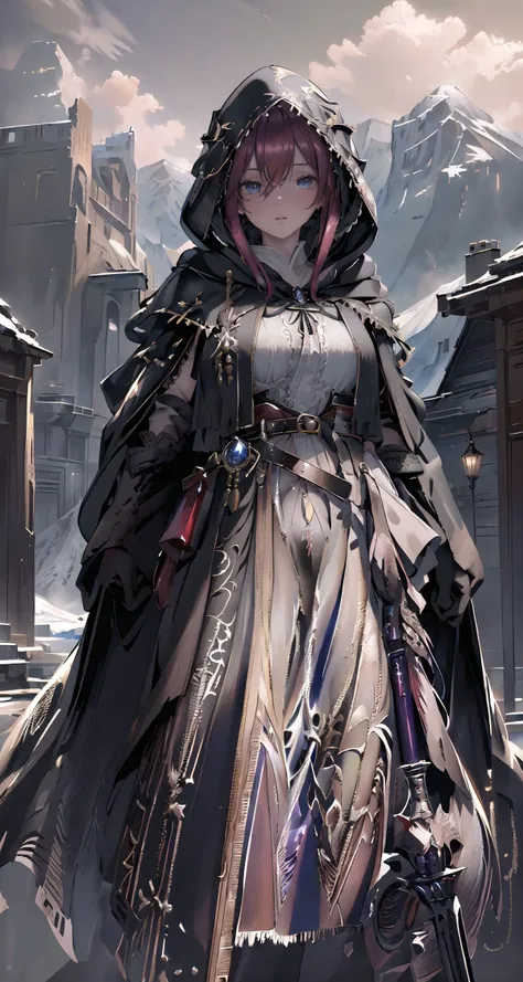 raw photo,8k hdr,masterpiece,best quality,photorealistic,HDR,high quality,high-definition,extremely detailed,daitime,1girl in (long robe,intricate black wizard robe:1.5),(short red hair:1.3),lucent blue eyes,(belt, glove,hand guard,hood:1.5),purple clothing pattern,<lora:PerfectFullBreasts-fCV3.5:0.3>,breasts,shoulder armor,cuisses,boots,breath taking (mountain landscape in background:1.5),<lora:delicate_armor_V2:0.8>