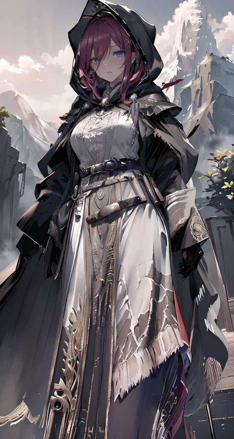 raw photo,8k hdr,masterpiece,best quality,photorealistic,HDR,high quality,high-definition,extremely detailed,daitime,1girl in (long robe,intricate black wizard robe:1.5),(short red hair:1.3),lucent blue eyes,(belt, glove,hand guard,hood:1.5),purple clothing pattern,<lora:PerfectFullBreasts-fCV3.5:0.3>,breasts,shoulder armor,cuisses,boots,breath taking (mountain landscape in background:1.5),<lora:delicate_armor_V2:0.8>