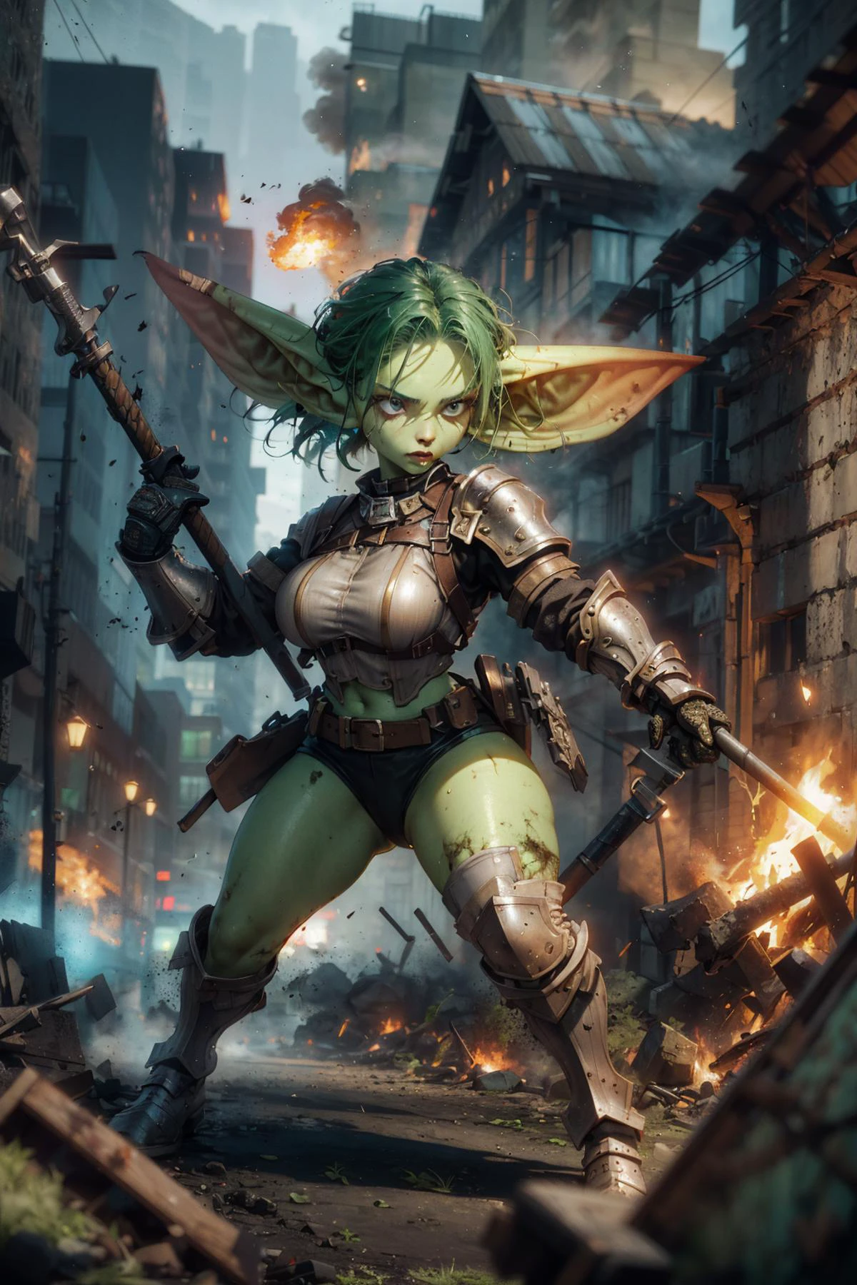 a cinematic scene of a (<lora:goblin_datasets_pruned:1>a small breasted female goblin warrior), green skin, fighting on a battlefield. a giant shredded flag waving in the wind. intricate detailed dirty battlefield. fire and smoke. digital painting, high quality cinematic shot on canon 5d, ultra skin intricate weathered leather armor and clothes accurate hands, macro image detailed, shots, badass look, action, perfect eyes, best quality, extremely sharp focus face, analog fine film grain, cinematic, realistic, trending artstation, focus, studio photo, details, intricate, busy, 8k, isometric, digital smog, pollution, toxic waste, 3d render, artwork masterpiece, ominous, golden ratio, cgsociety, epic, vibrant. <lora:epi_noiseoffset2:.6> <lora:add_detail:.3> <lora:Elixir-SD15-Enhancer:.7>